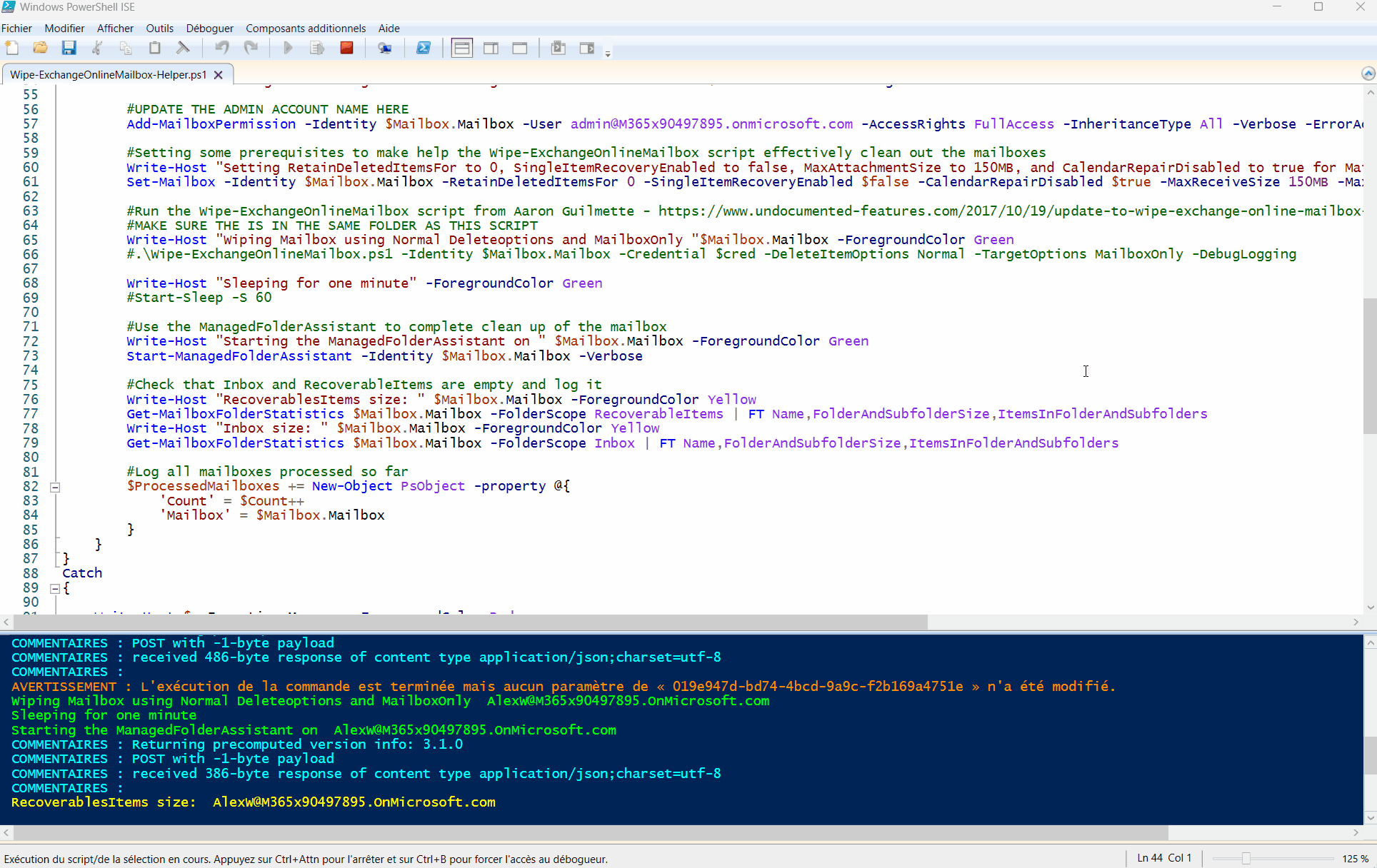 An animated GIF of the PowerShell script wiping an Exchange mailbox