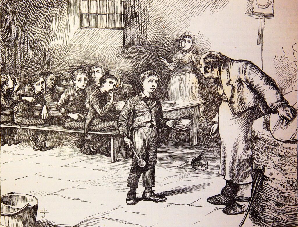 Crumby wood cut engraving of Oliver Twist asking for more gruel.